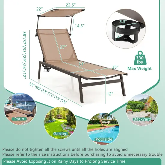 Costway Outdoor Chaise Lounge Chair with Sunshade 6-Level Adjustable Recliner Backyard {3}
