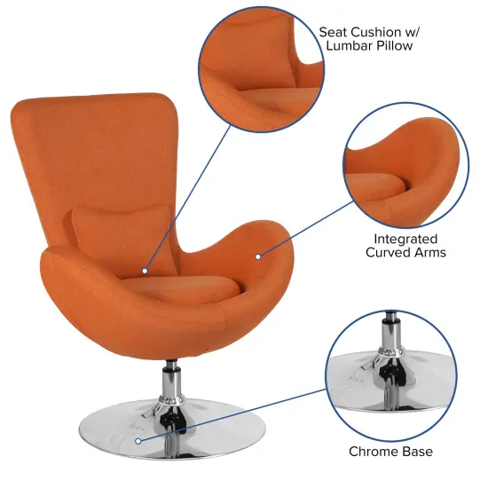 Merrick Lane Soro High-Back Egg Style Lounge Chair With 360&deg; Swivel Metal Base Orange Fabric {2}