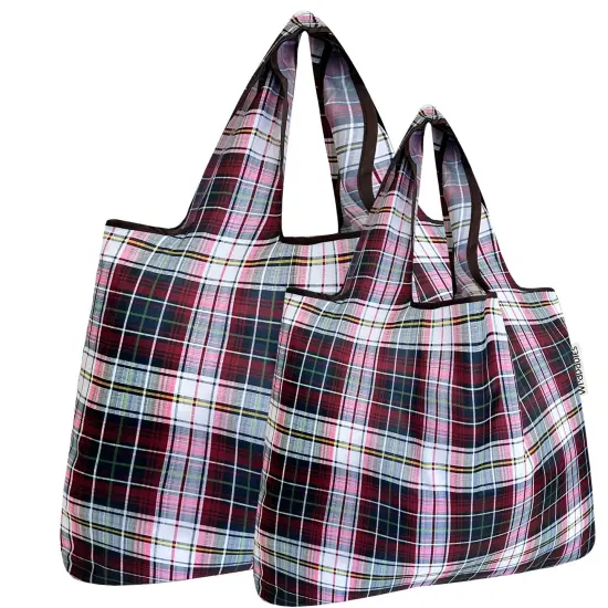 Wrapables Large & Small Foldable Tote Nylon Reusable Grocery Bags, Set of 2 Red Plaid {1}