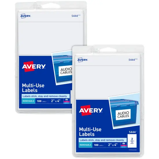 Avery Printable All-Purpose Removable Labels, 2" x 4", White Labels, 2 Packs, 200 Customizable Blank Labels Total (7827) {1}