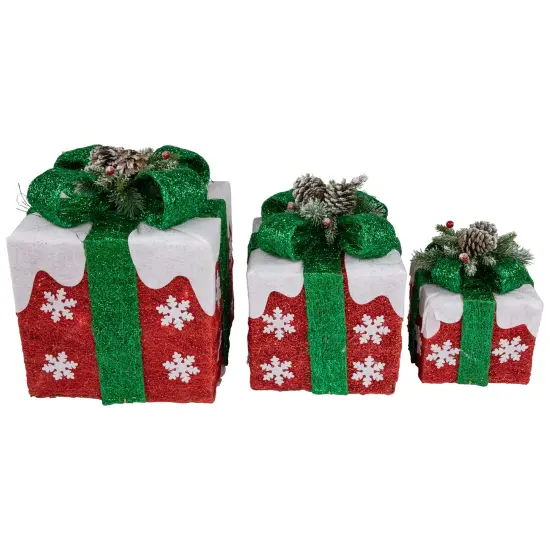 Northlight Set of 3 Lighted Red with White Snowflakes Gift Boxes Christmas Decorations {1}
