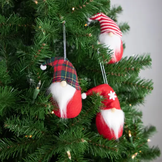 Northlight Plush Gnomes Christmas Ornaments with Striped, Plaid and Snowflake Hats - 4.5" Red {3}