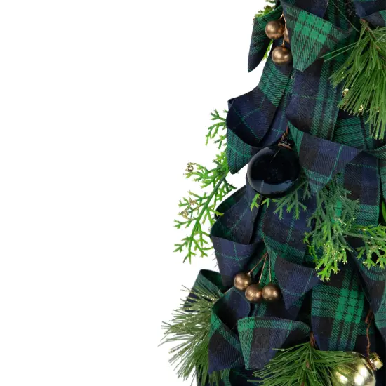 Northlight Pine, Jingle Bell and Plaid Ribbon Christmas Cone Tree - 18" - Green and Blue {3}