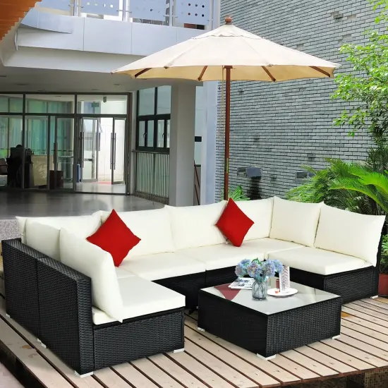7 Pieces Sectional Wicker Furniture Sofa Set With Tempered Glass Top Beige {2}