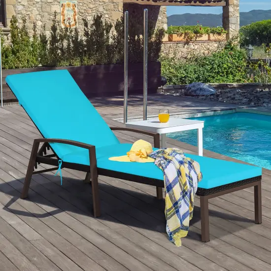Costway Patio Rattan Lounge Chair Chaise Recliner Back Adjustable w/Cushion Turquoise {1}