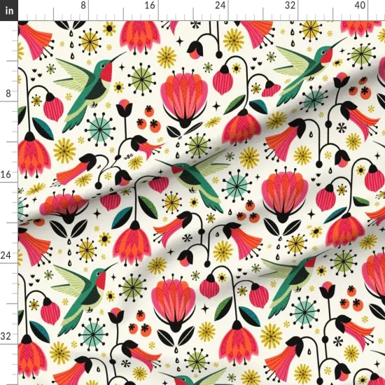 Various Fabrics by the Yard or Fat Quarter Hummingbird Vintage Flowers Floral Retro Mod Mid Century Scandi Red Yellow Green Custom Printed Fabric by Spoonflower {1}