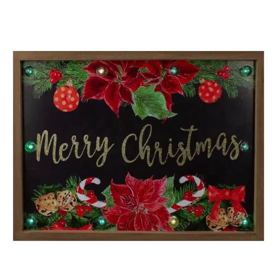 Northlight Lighted "Merry Christmas" Poinsettias Wood Framed Christmas Plaque - 15.75" Brown {1}