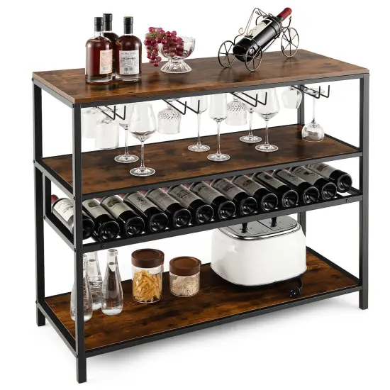 Costway Rustic Wine Rack Table 13 Bottles Wine Bar Cabinet Freestanding with Glass Holder {1}