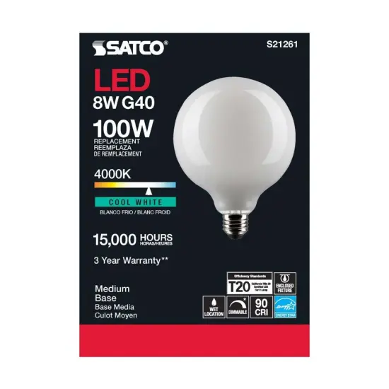 6Pk - Satco 8w G40 Globe Filament LED 4000K E26 Base White Dimmable - 100w equiv Cool White {5}