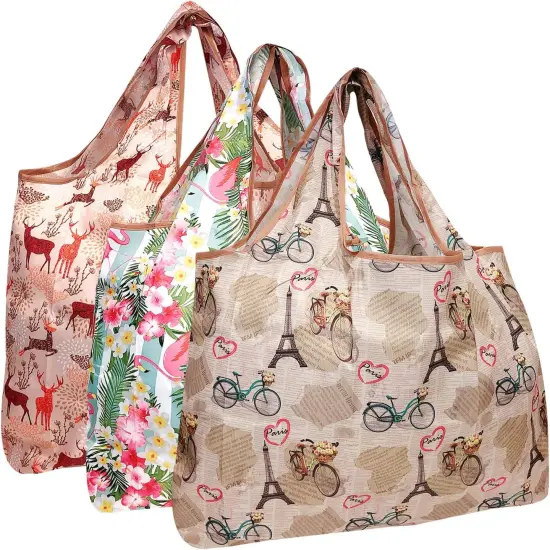 Wrapables Large Foldable Tote Nylon Reusable Grocery Bag, 3 Pack Flamingos Deer Paris {1}