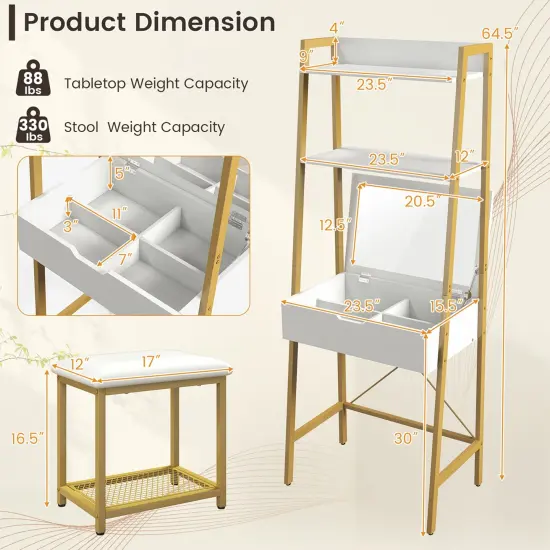 Costway Vanity Table Set Flip Top Mirror Ladder Storage Shelf Cushioned Stool Rustic {3}