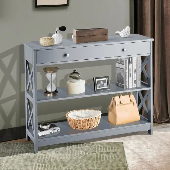 Console Table 3-Tier with Drawer and Storage Shelves Grey {6}