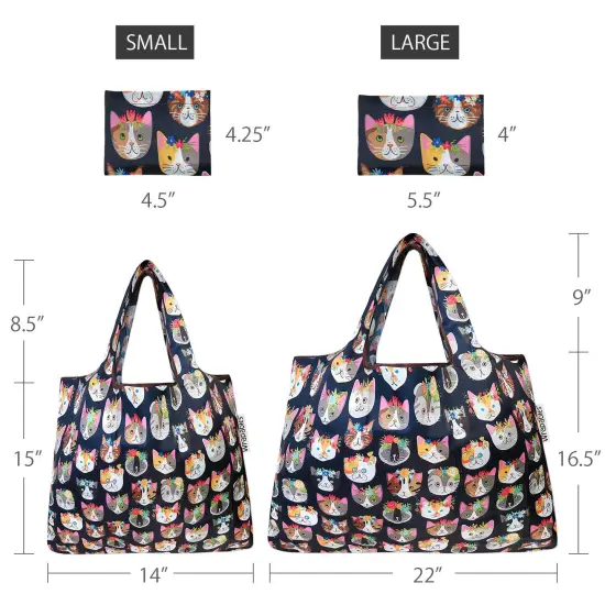 Wrapables Large & Small Foldable Tote Nylon Reusable Grocery Bags, Set of 2 Crazy Cats {2}