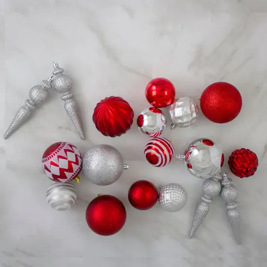 Northlight Shatterproof 3-Finish Christmas Ball and Finial Ornaments - Red and Silver - 75ct {3}