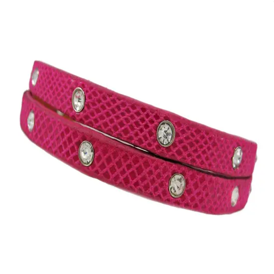 Fuchsia Leather Python Triple Wrap Rhinestone Bracelet {3}