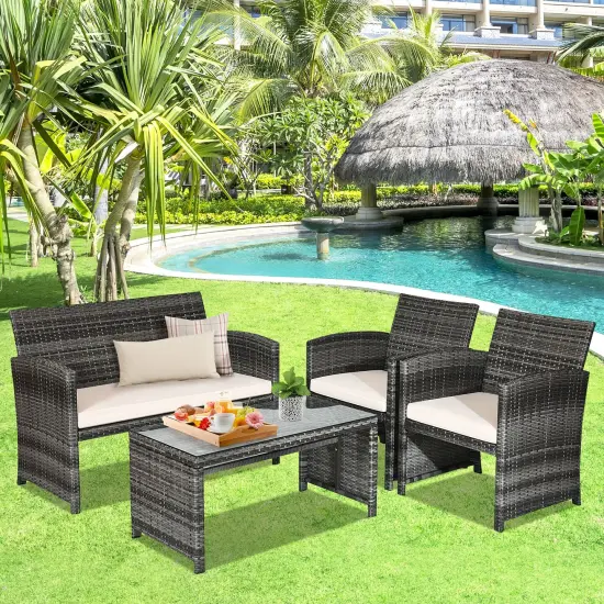 4 Pieces Patio Rattan Furniture Set with Glass Table and Loveseat White {6}