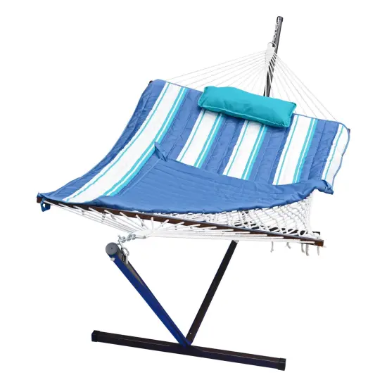 The Hamptons Collection 144" Blue and White Striped Cotton Soft Comfort Hammock with Frame {3}