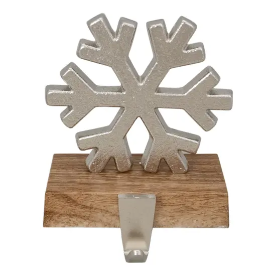Northlight 6" Silver Snowflake on Wood Look Base Christmas Stocking Holder {1}