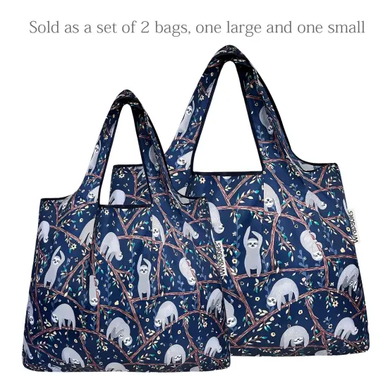 Wrapables Large & Small Foldable Tote Nylon Reusable Grocery Bags, Set of 2 Sloths {3}