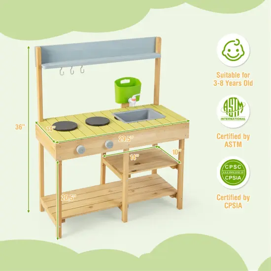 Costway Outdoor Mud Kitchen Set Fir Wood Kids Play Set with Removable Water Box {3}