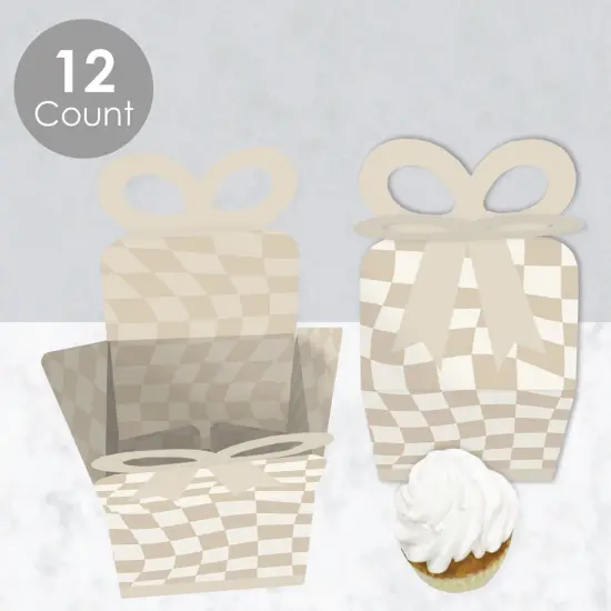 Big Dot of Happiness Tan Checkered Party - Square Favor Gift Boxes - Bow Boxes - Set of 12 {4}