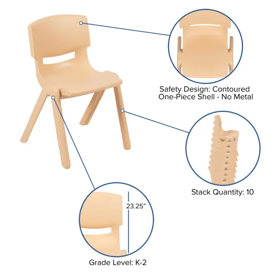 Emma and Oliver 4 Pack Plastic Stackable K-2 School Chair with 13.25"H Seat Natural {3}