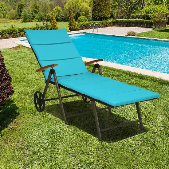 Costway 2PCS Folding Patio Rattan Lounge Chair Aluminum Adjustable Turquoise\Red {7}