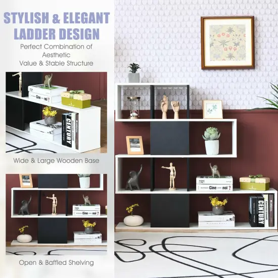 Costway 5-Tier Bookshelf Corner Ladder Bookcase Display Storage Rack Black White {6}