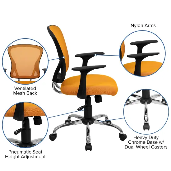 Emma and Oliver Mid-Back Mesh Swivel Task Office Chair with Chrome Base and Arms Orange {2}