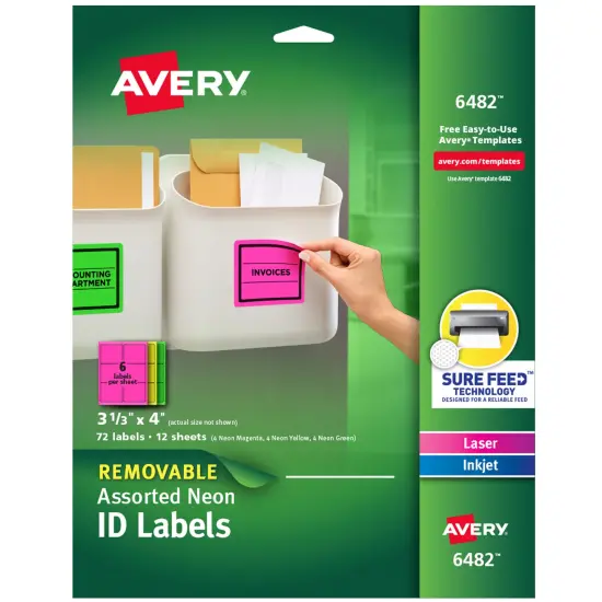 Avery Removable Multipurpose Labels, Sure Feed Technology, 3-1/3" x 4", Assorted Neon, 72 Labels (6482) {1}