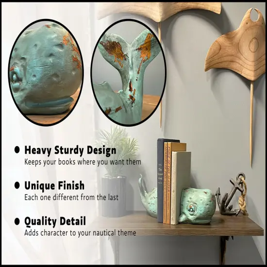 Verdigris Decorative Whale Bookends Resin Bookshelf Nautical Decor Rustic Beach {3}
