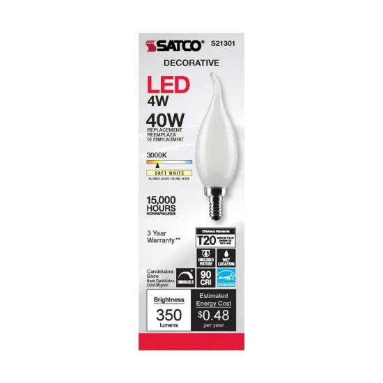 6Pk - Satco 4w CA10 LED 3000K Candelabra Base Frosted Dimmable - 40w equiv Warm White {4}