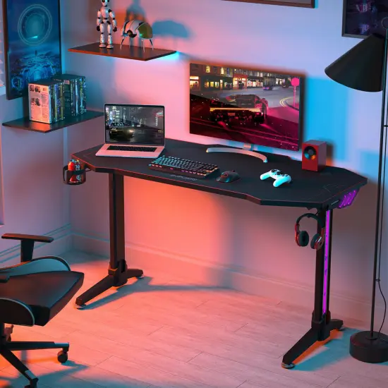 Costway 55'' Gaming Desk T-shaped Computer Desk w/ Full Mouse Pad & LED Lights {3}