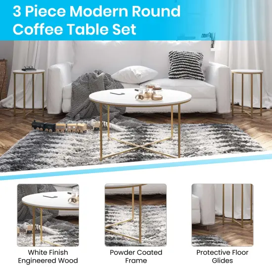Merrick Lane Fairdale Round Coffee Table Set - 3 Piece Coffee Table Set with Crisscross Frame - Coffee Table & 2 End Tables White/Brushed Gold {2}