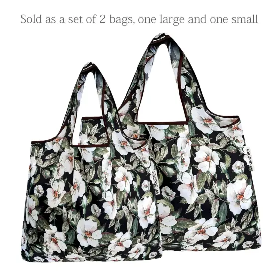 Wrapables Large & Small Foldable Tote Nylon Reusable Grocery Bags, Set of 2 White Pansies {3}