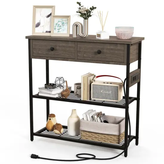 Costway Entryway Table with Charging Station Narrow Console Table with 2 Drawers Brown/Oak {8}