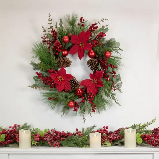 Northlight Artificial Red Berry and Poinsettia Christmas Wreath, 28-Inch, Unlit Green {3}