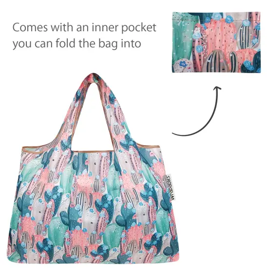 Wrapables Large & Small Foldable Tote Nylon Reusable Grocery Bags, Set of 2 Colorful Cacti {5}