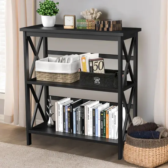 Costway Wooden Shelf Bookcase 3-Tier Open Bookshelf W/X-Design Freestanding Rack BlackBrownNaturalWhite {2}