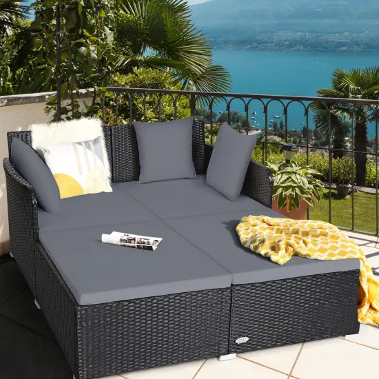 Spacious Outdoor Rattan Daybed With Upholstered Cushions And Pillows Grey {2}