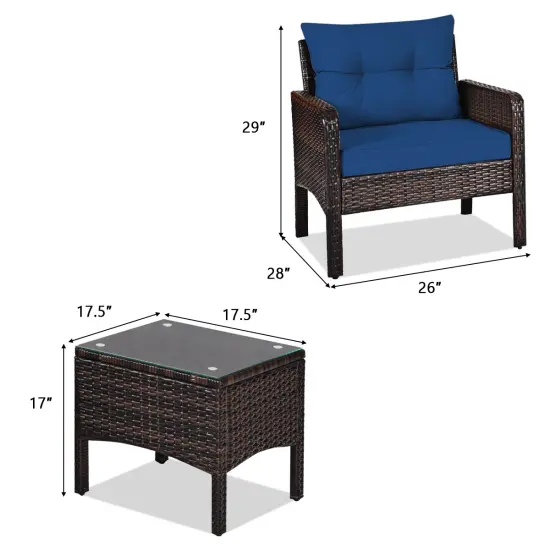 3 Pieces Outdoor Patio Rattan Conversation Set with Seat Cushions Navy {4}