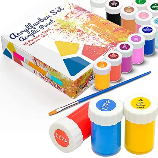 15 Pieces Acrylic Paint Set - 0.6oz Paints for Canvas Painting & Artists Painting Supplies - Acrylic Paint Set for Adults and Kids with Free Brush {2}