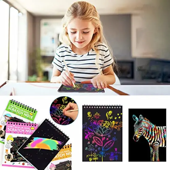 16 Pieces Drawing Notebook Set, Scratch Art Paper Rainbow Mini Notes, Sketch Drawing Pad for Kids Party Favors（with 16 Wooden Stylus & 4 Drawing Stencils） {6}