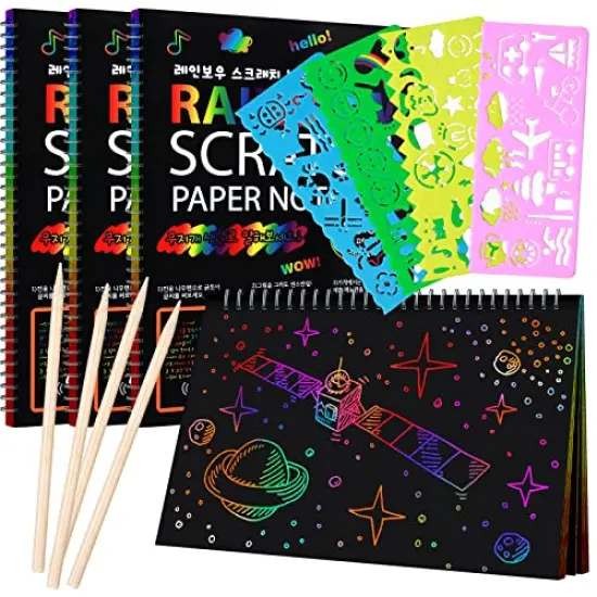 12 Pieces of Set , 4 pck Scratch Arts Drawing Notebook for Kids Drawing Pad, Large Rainbow Scratch Drawing Paper Set for Kids Art Supplies (with 4 Wooden Stylus & 4 Drawing Stencils) {2}