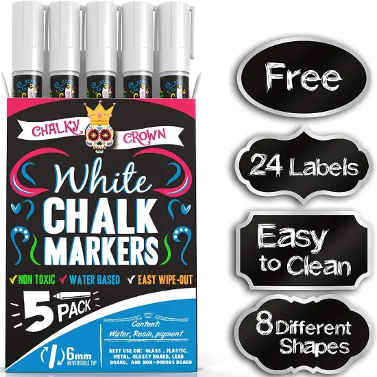 5 Pack Liquid Chalk Marker Pen - White Drawing Chalk - Chalkboard Markers for Chalkboard Signs, Windows, Blackboard, Glass - 6mm Reversible Tip - 24 Chalkboard Labels Included {1}