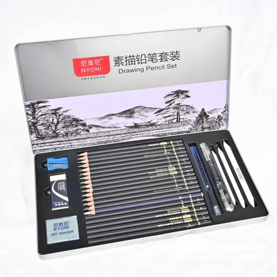 29 Pieces Sketching Pencils Set, Metal Box Packaging, Including Graphite Pencils、Charcoal Pencils、Blending Stumps and other tools for drawing (A set). {3}