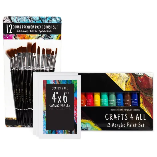 Acrylic Paint Set for Adults and Kids - 12 Pack of 12mL Paints with 12 Art Brushes & 4 Canvases, Non-Toxic Craft Paint for Easter Eggs, Ceramic Rock Paint - Art Supplies {1}