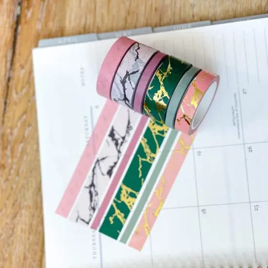 FOILED Marble Gold Green & Pink Modern Spring Minimalist Washi Tape Set (#W053) {6}