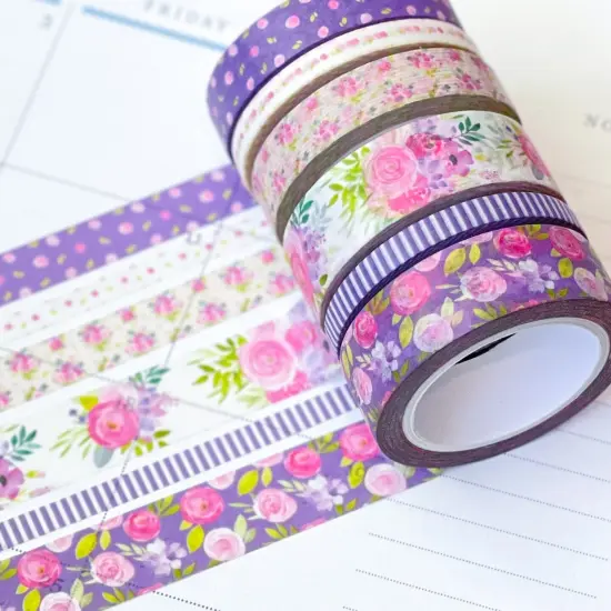 Purple Flowers & Stripes Spring Floral Washi Tape Set (#W046) {1}