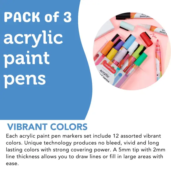 3 PACK - Incraftables Acrylic Paint Pens (12 Colors). Paint Markers for Rocks, Canvas, Wood, Plastic, Fabric, Metal & Glass. Best Acrylic Paint Markers. Stone & Rock Painting Markers Set for Kids & Adults {3}